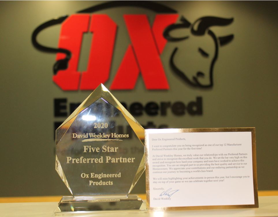 OX ENGINEERED PRODUCTS NAMED A DAVID WEEKLEY HOMES 2020 NATIONAL PREFFERRED PARTNER